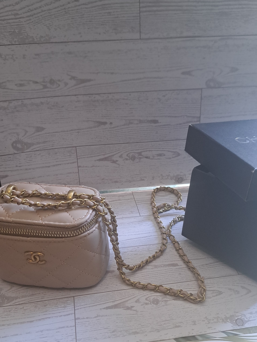 CHANEL Beige Quilted Mini Crossbody with Gold Chain
